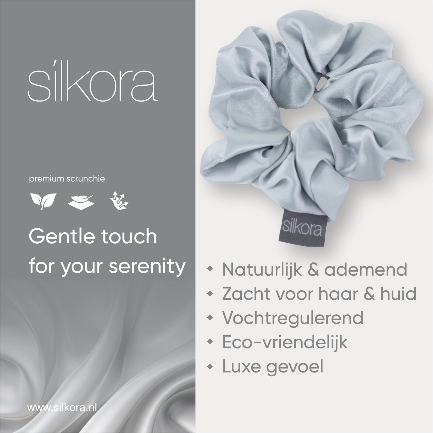 Promotieafbeelding van een grote Silkora premium scrunchie in zilvergrijs, met tekst over natuurlijke, ademende, vochtregulerende en eco-vriendelijke eigenschappen.