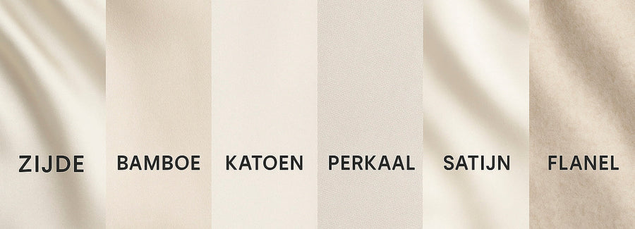 Zijden Kussensloop vergeleken met bamboe, katoen, perkaal, satijn en flanel - stoftexturen naast elkaar, gelabeld.