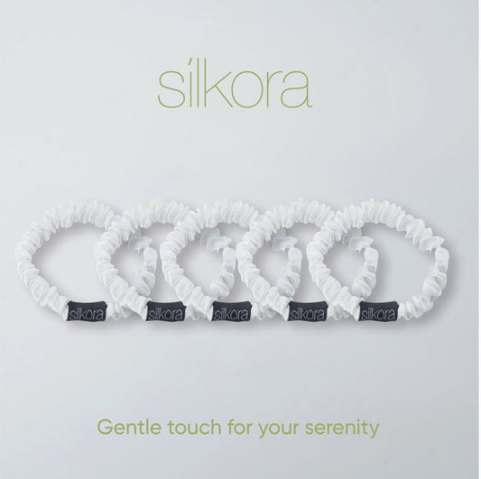 Silkora Premium Silk Scrunchies - 100% Mulberry Silk - Set of 4 - Small - Antibacterial, Hypoallergenic, Hair Friendly - Off-White