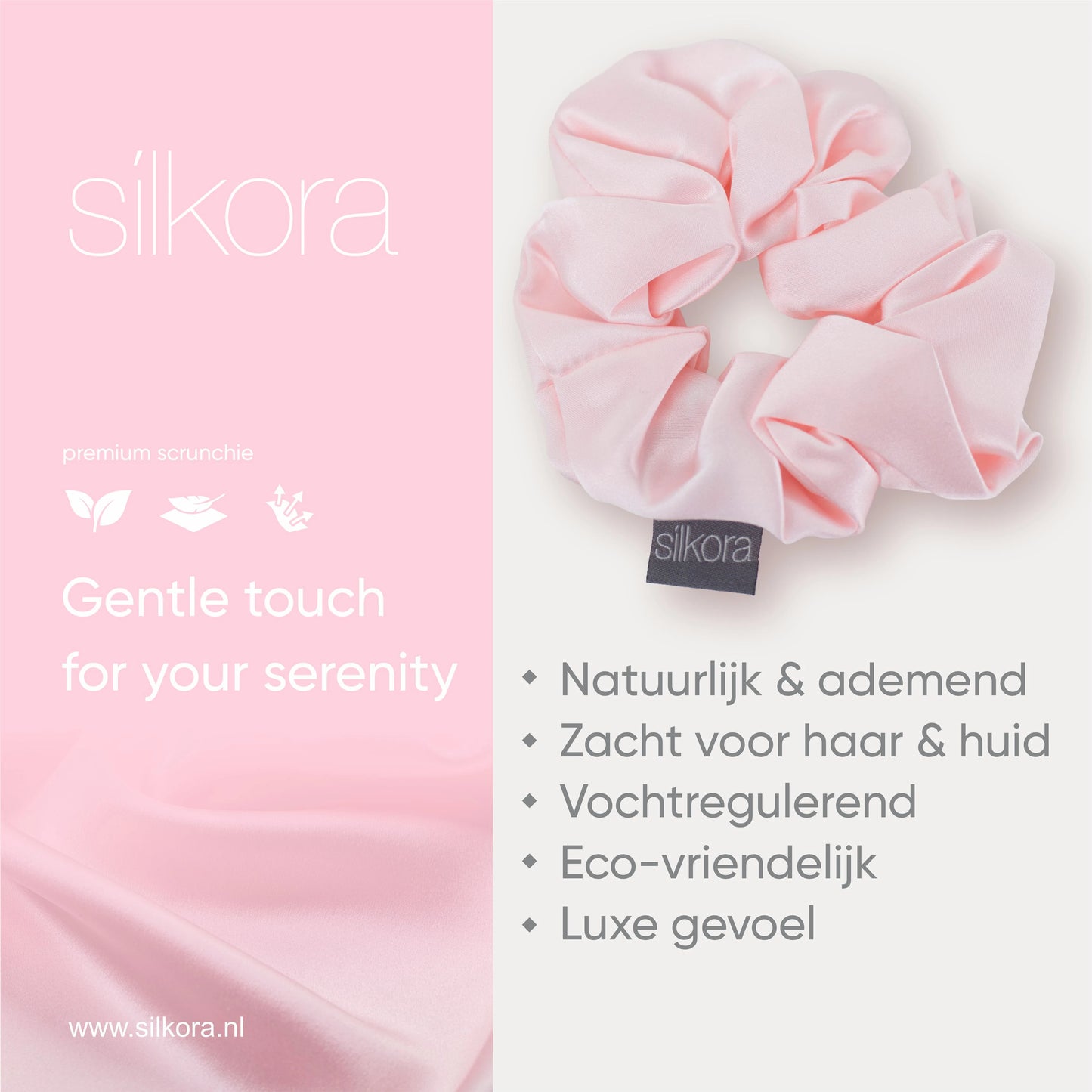 Promotieafbeelding van een grote Silkora premium scrunchie in lotus roze, met tekst over natuurlijke, ademende, vochtregulerende en eco-vriendelijke eigenschappen.