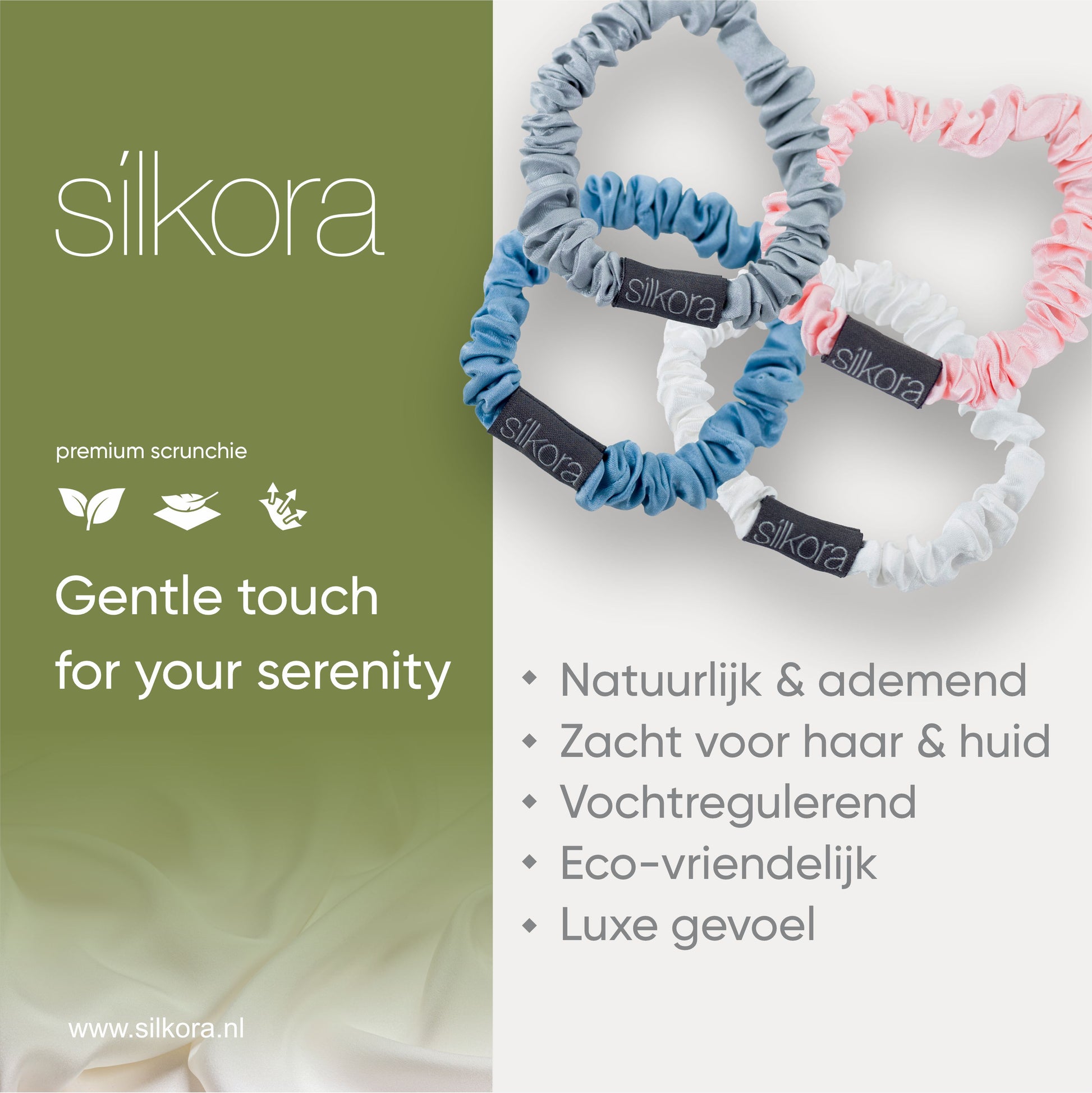 Promotieafbeelding van Silkora premium scrunchies in blauw, grijs, roze en wit, met tekst over natuurlijke, ademende, vochtregulerende en eco-vriendelijke eigenschappen.