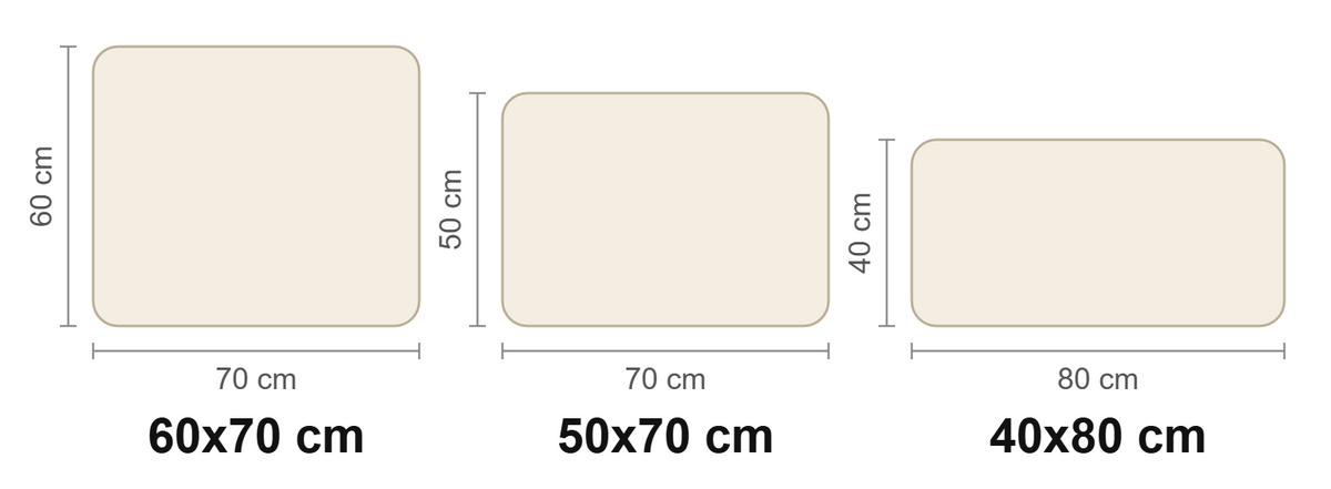 The three silk pillowcase sizes to scale: 60x70, 50x70 and 40x80 cm
